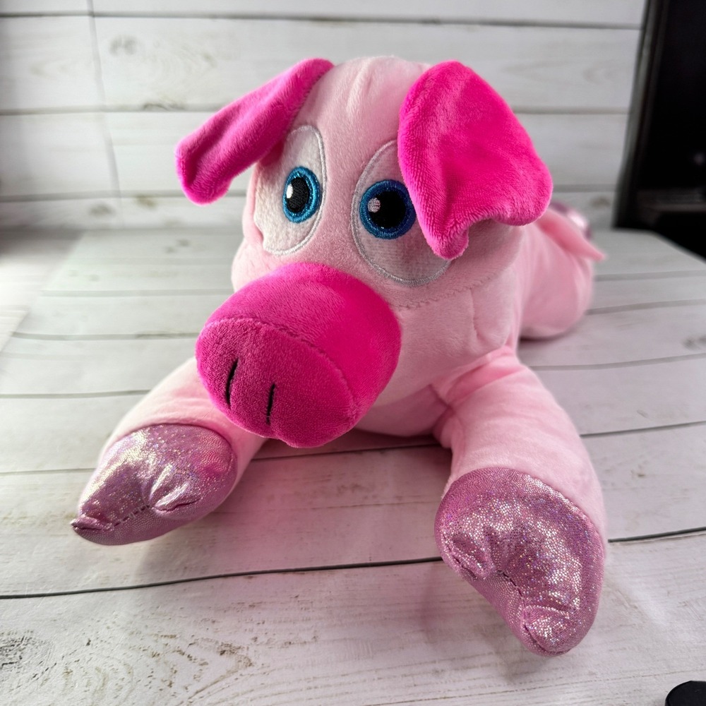 Pink Pig Plush 16" Blue Eyes Sparkly Hooves Stuffed Farm Animal‎